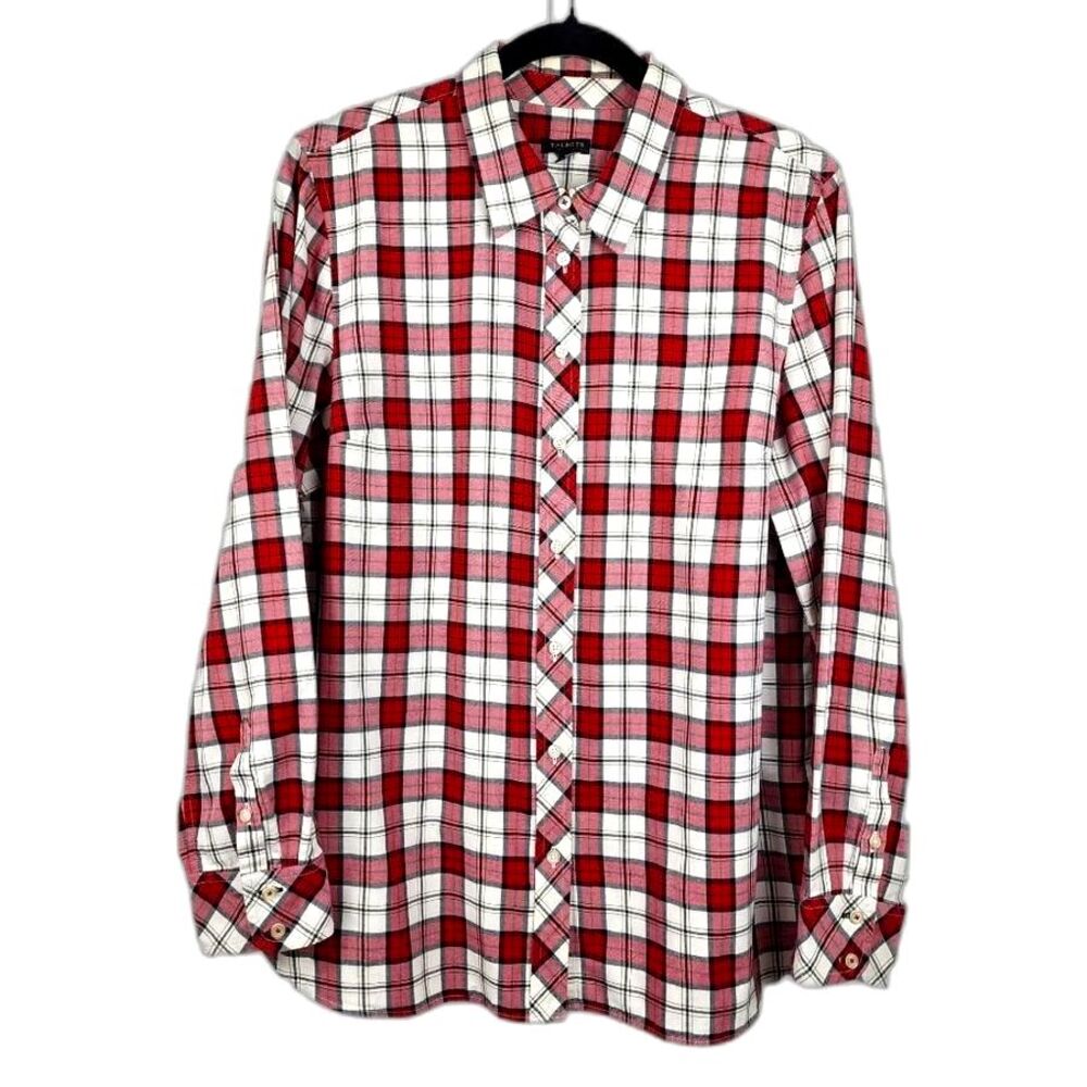 Talbots Plaid Button up Shirt Metallic Blouse Top Red White Black Cotton Size L - Picture 3 of 13